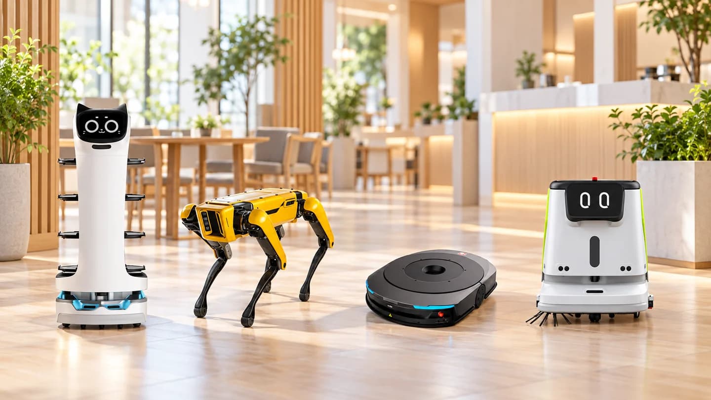 Four robots with deployments in Japan, shown in a bright wood-accented service space