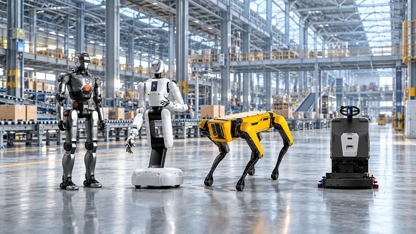 Four robots with overseas deployments, shown in a large-scale industrial facility