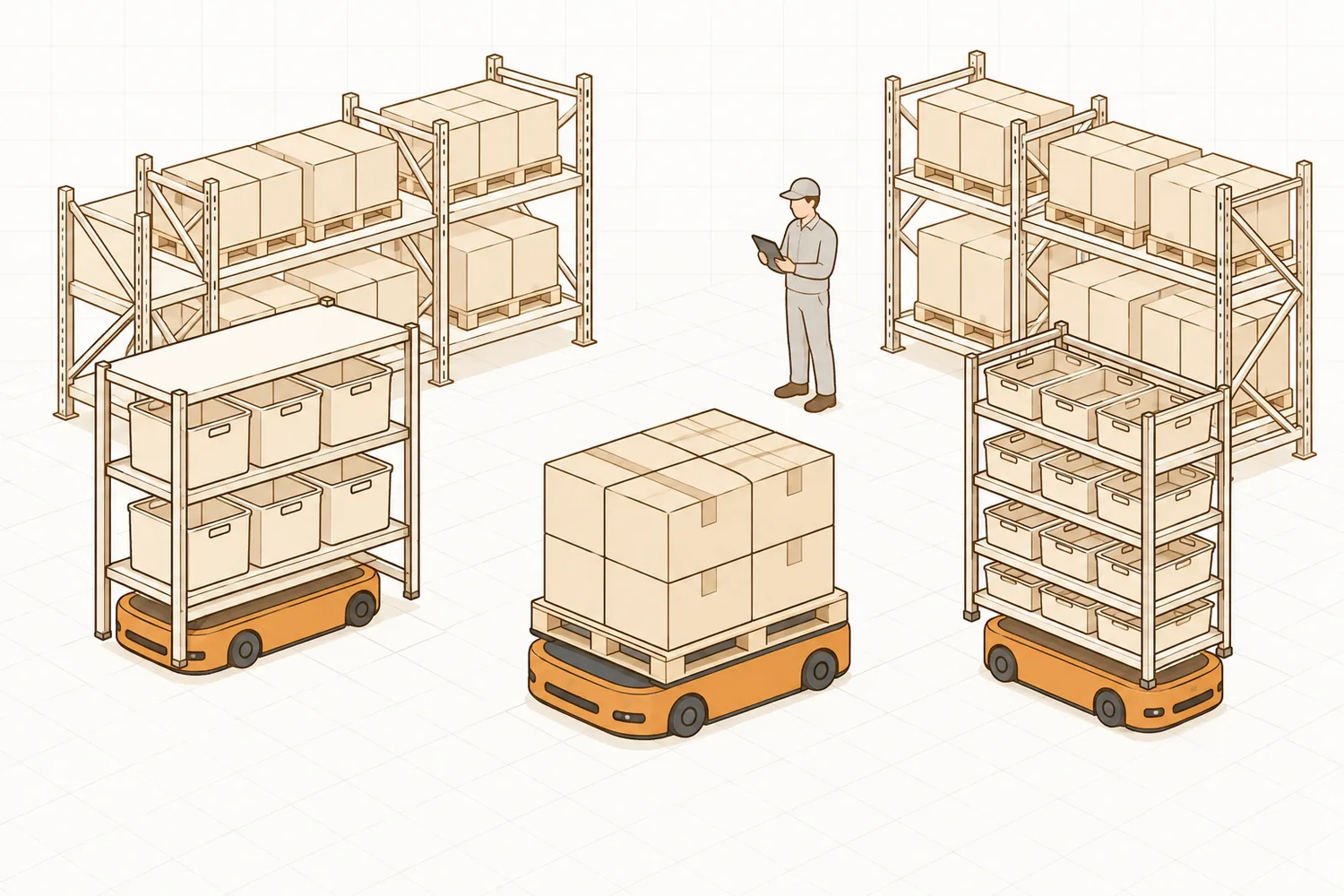 Illustration of three mobile robots moving shelves, a pallet, and cases in a warehouse