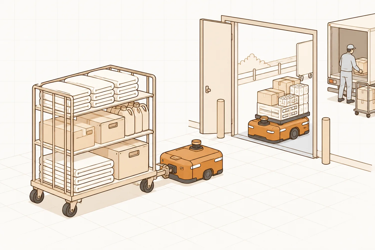 Illustration of a mobile robot towing a cart of linen and goods from the back of house