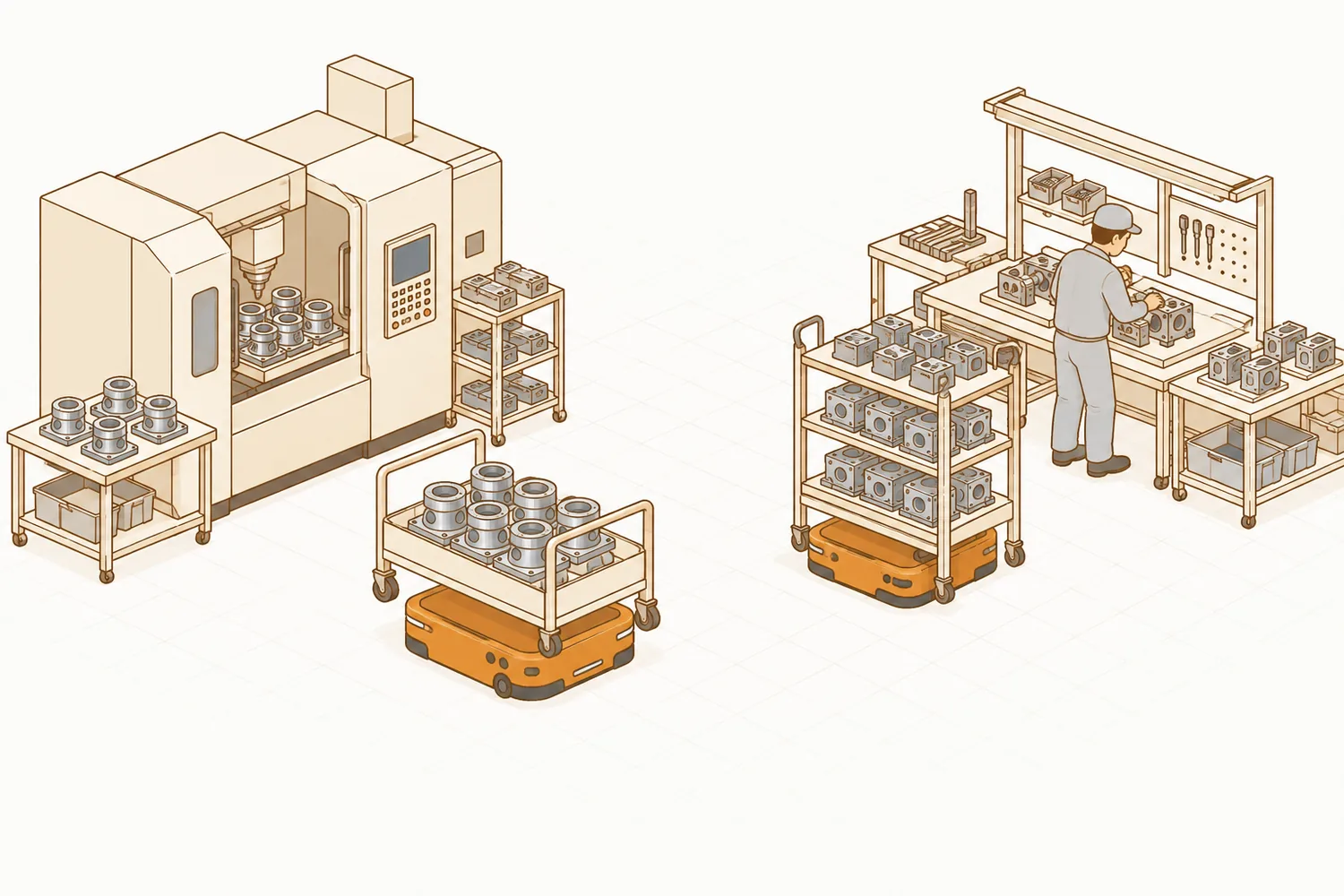 Illustration of a mobile robot carrying a cart of parts from a machining center to an assembly line