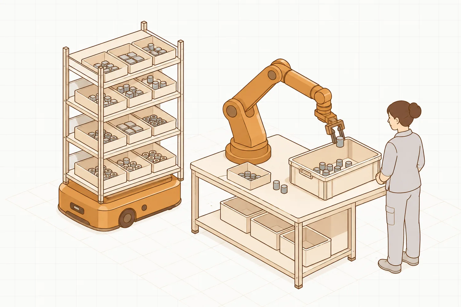 Illustration of a robot arm picking items from a shelf delivered by a mobile robot