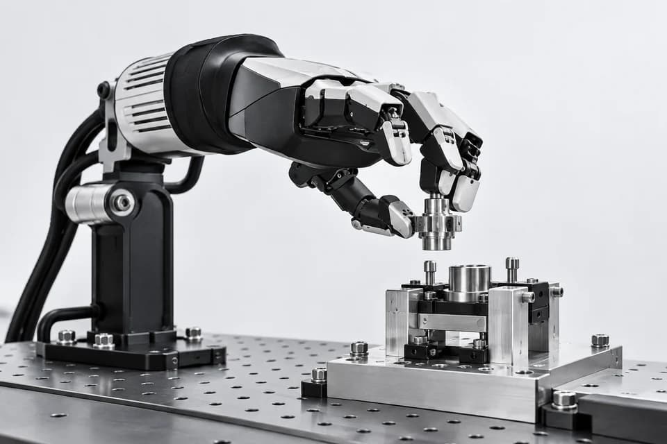 A robot hand gripping a metal component for assembly on a fixture