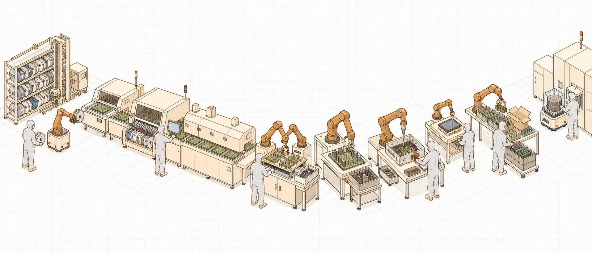 Illustration of an SMT-to-assembly electronics line, including FOUP transport, with robots